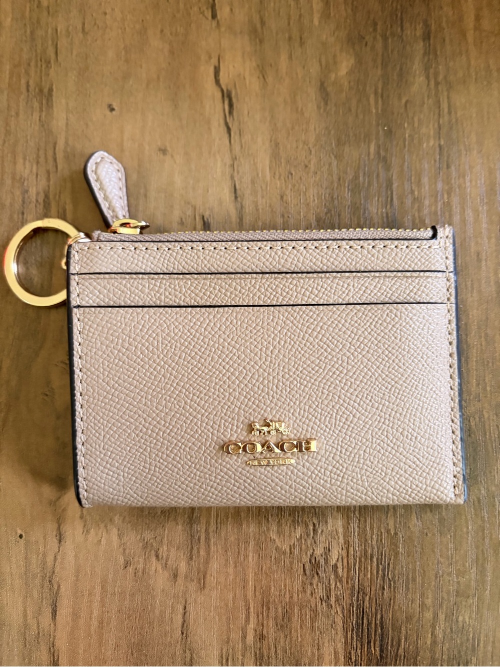 Coach Tan Saffiano Leather Zip Card Case with Key Ring